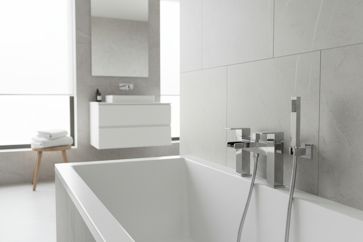 Square waterfall bath shower mixer tap wall mounted at end of bath with marble tiled surround