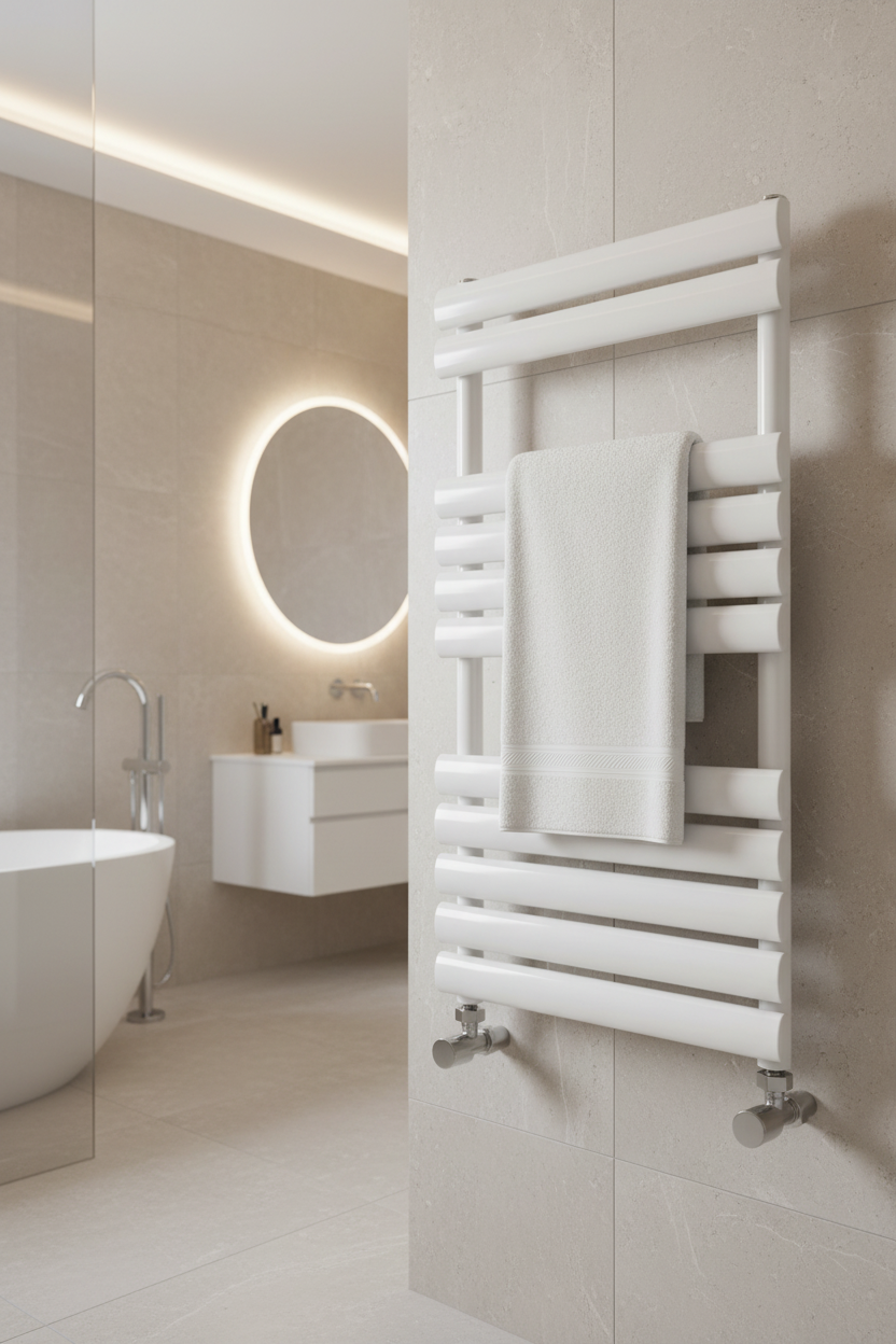 White heated towel rail in luxury bathroom setting
