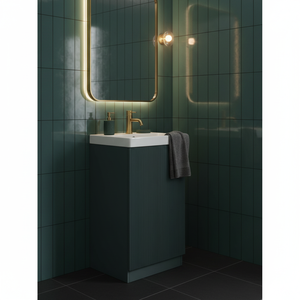 Deep teal fluted floor-standing cloakroom vanity unit angled view with white ceramic basin and brushed gold tap in a modern cloakroom setting