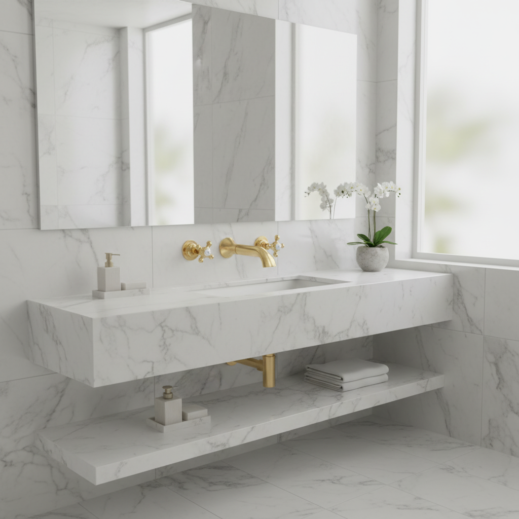 Gold wall-mounted taps in luxury bathroom basin setting