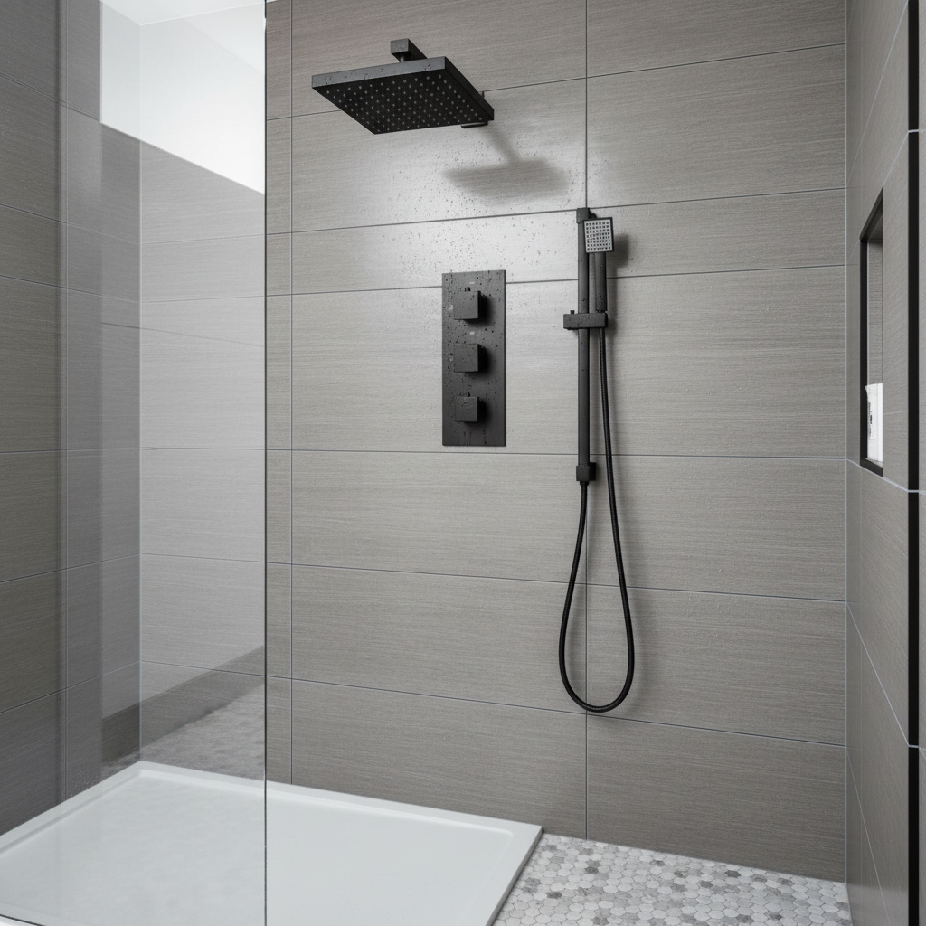 Trisen Bojac Concealed Thermostatic Shower Set Black in realistic bathroom setting