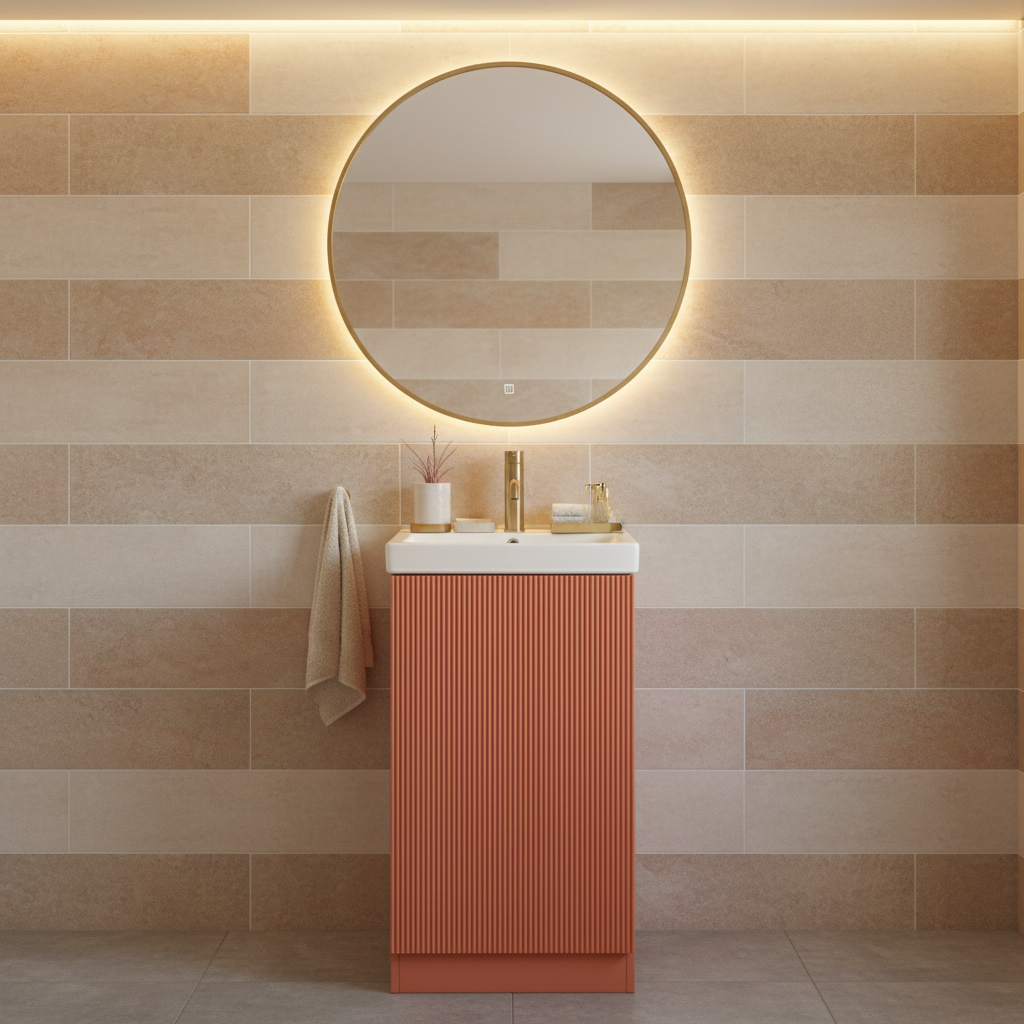 Terracotta fluted cloakroom vanity unit with white ceramic basin and brushed gold tap styled as hero centrepiece in a modern cloakroom