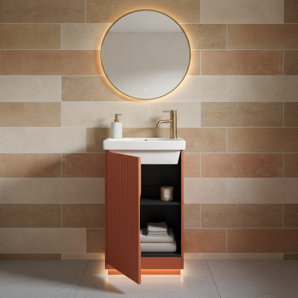 Terracotta fluted cloakroom vanity unit with door open showing internal shelving, white ceramic basin and brushed gold tap in a modern cloakroom setting