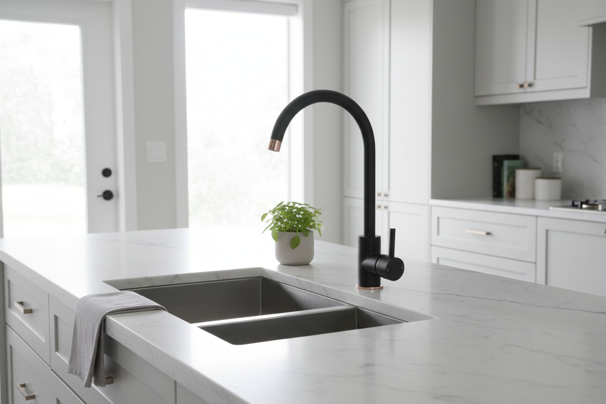 Matte Black and Rose Gold Kitchen Mixer Tap in Modern Kitchen Setting
