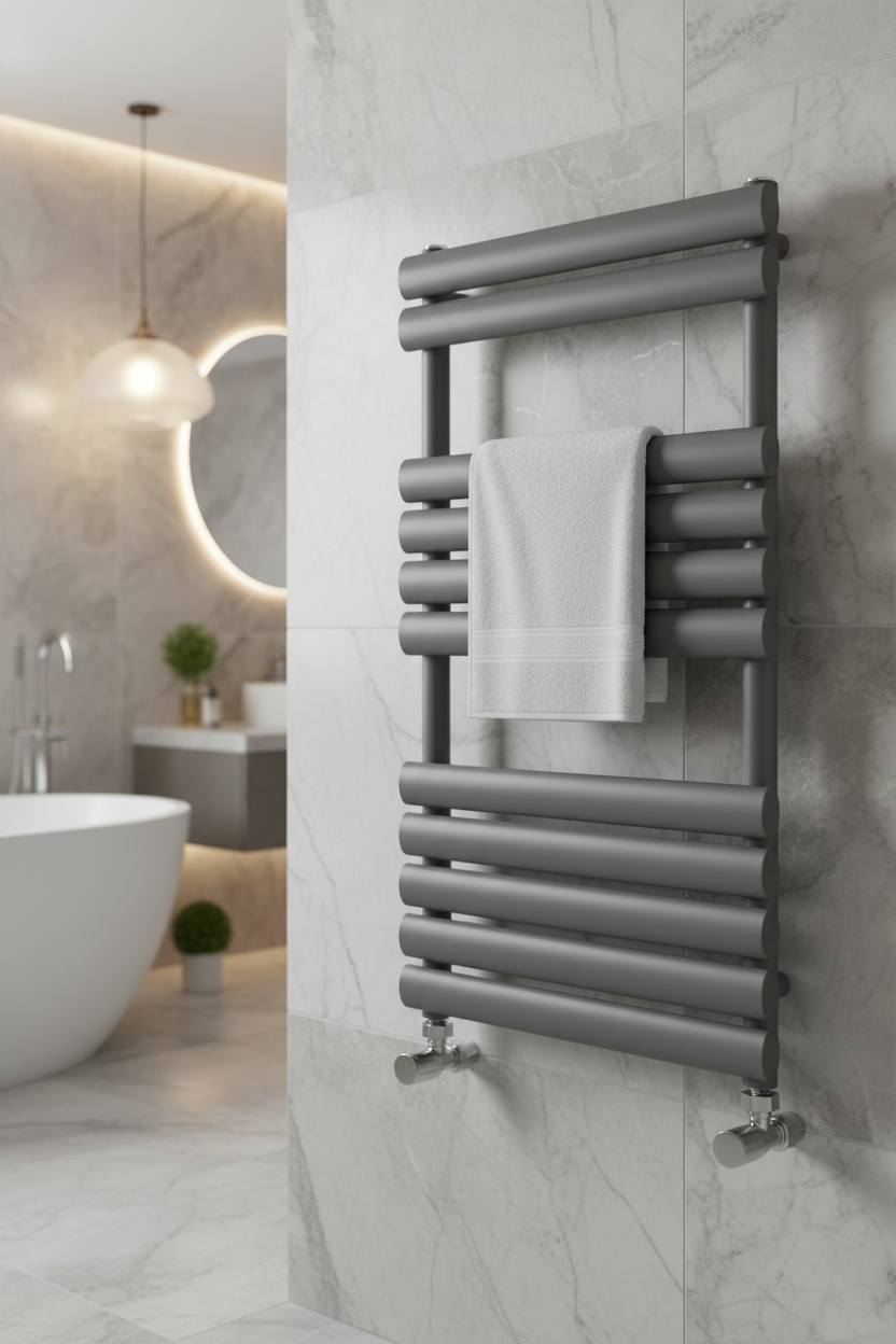Anthracite heated towel rail in luxury bathroom setting