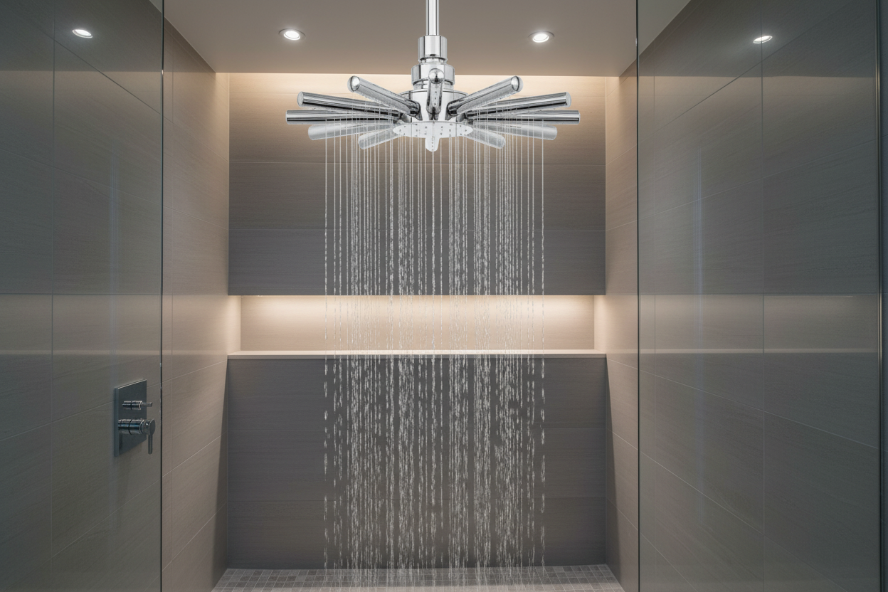 Chrome fan-shaped shower head with water spray in modern luxury bathroom with elegant tiles
