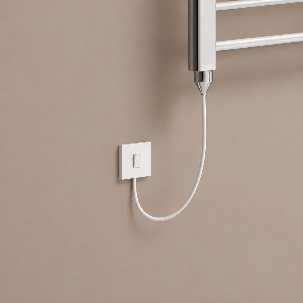 Reina towel rail heating element with white cable connected to a wall switch