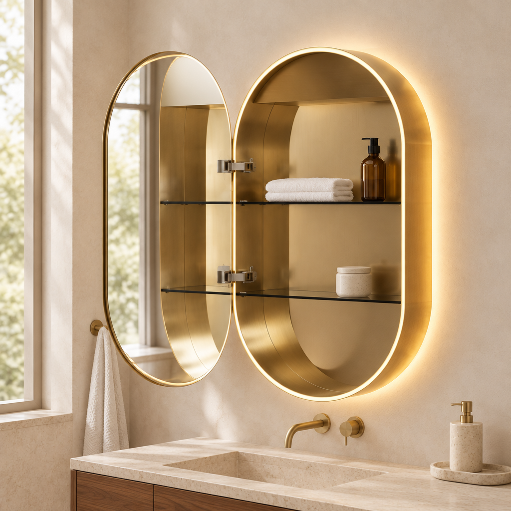 Open Iona Evie brushed brass LED mirror cabinet in a pale limestone bathroom