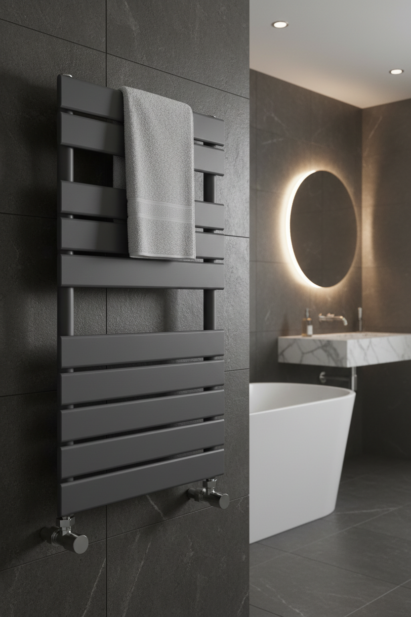 Anthracite flat tube heated towel rail in luxury bathroom setting