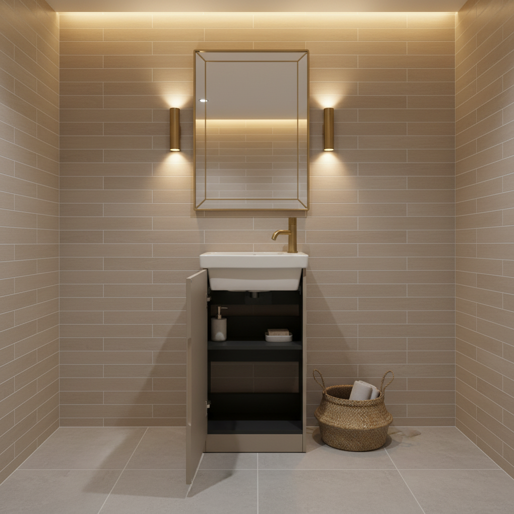 Greige fluted cloakroom vanity unit with door open showing internal shelving, white ceramic basin and brushed gold tap in a modern cloakroom setting