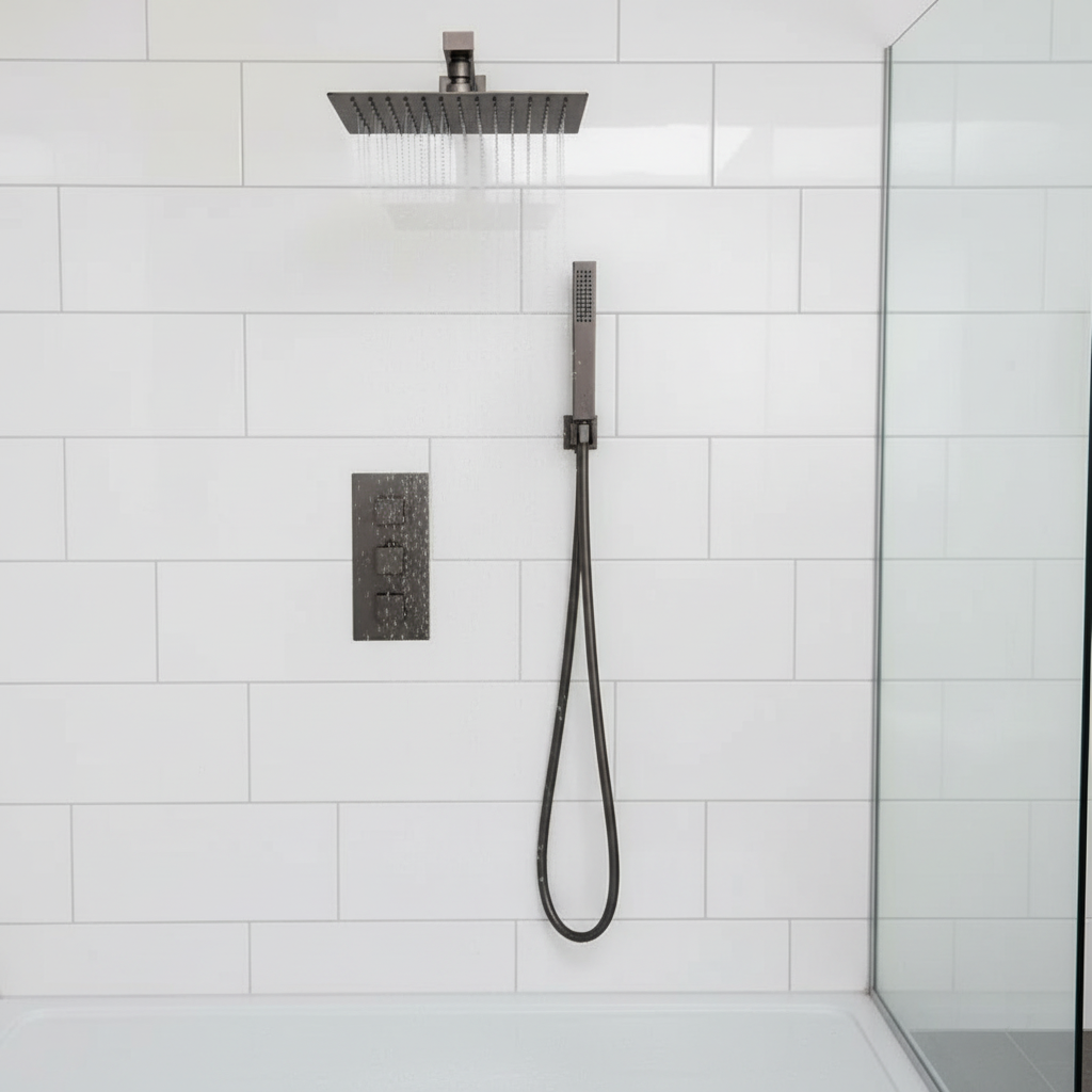 Tailored Gunmetal Black Square Concealed Thermostatic Shower Kit in bathroom setting