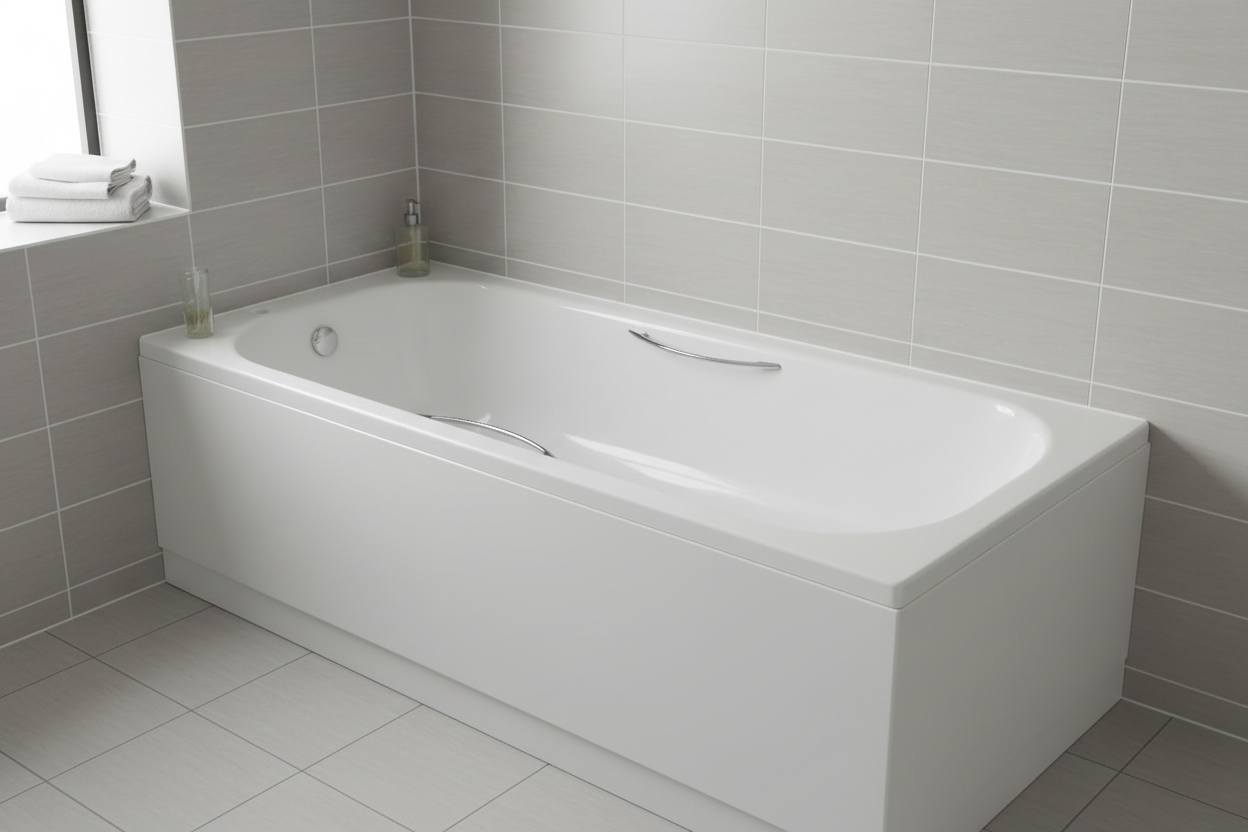 Arley Pro 1500mm white steel single-ended bath with grips fitted in tiled alcove bathroom