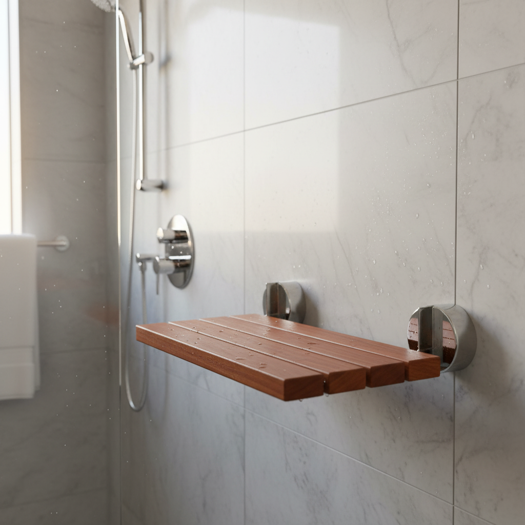 Wooden shower seat in luxury bathroom setting
