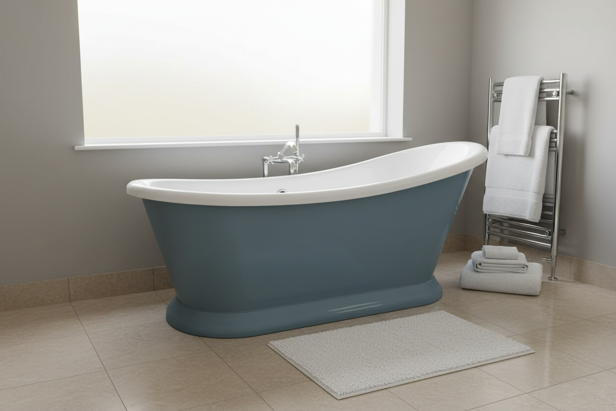 Bayswater blue-grey freestanding slipper bath in a clean minimal luxury bathroom setting