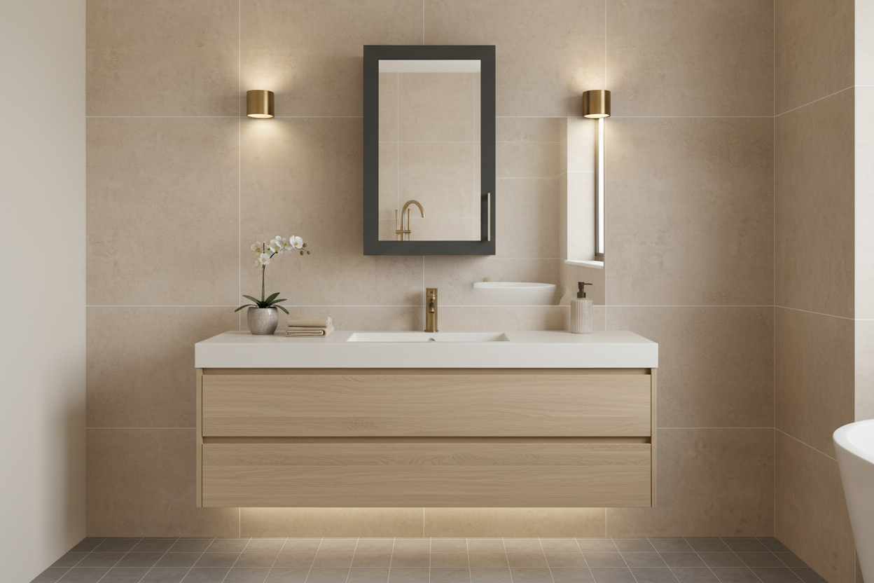 Nuie Fable 400mm Soft Black Wall Hung Cabinet in bathroom setting
