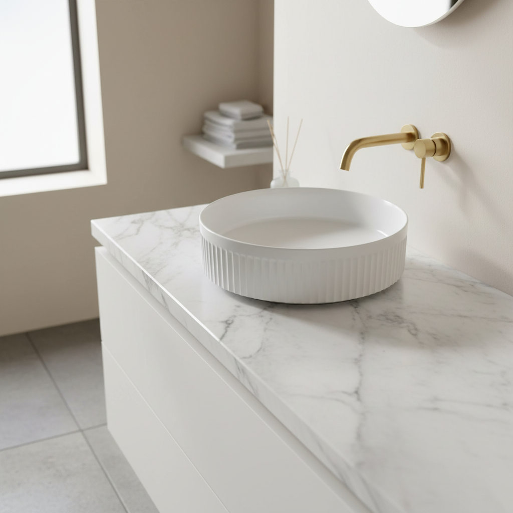 Eastbrook Knole 400x400mm round ribbed white ceramic sit on basin in a luxury bathroom setting