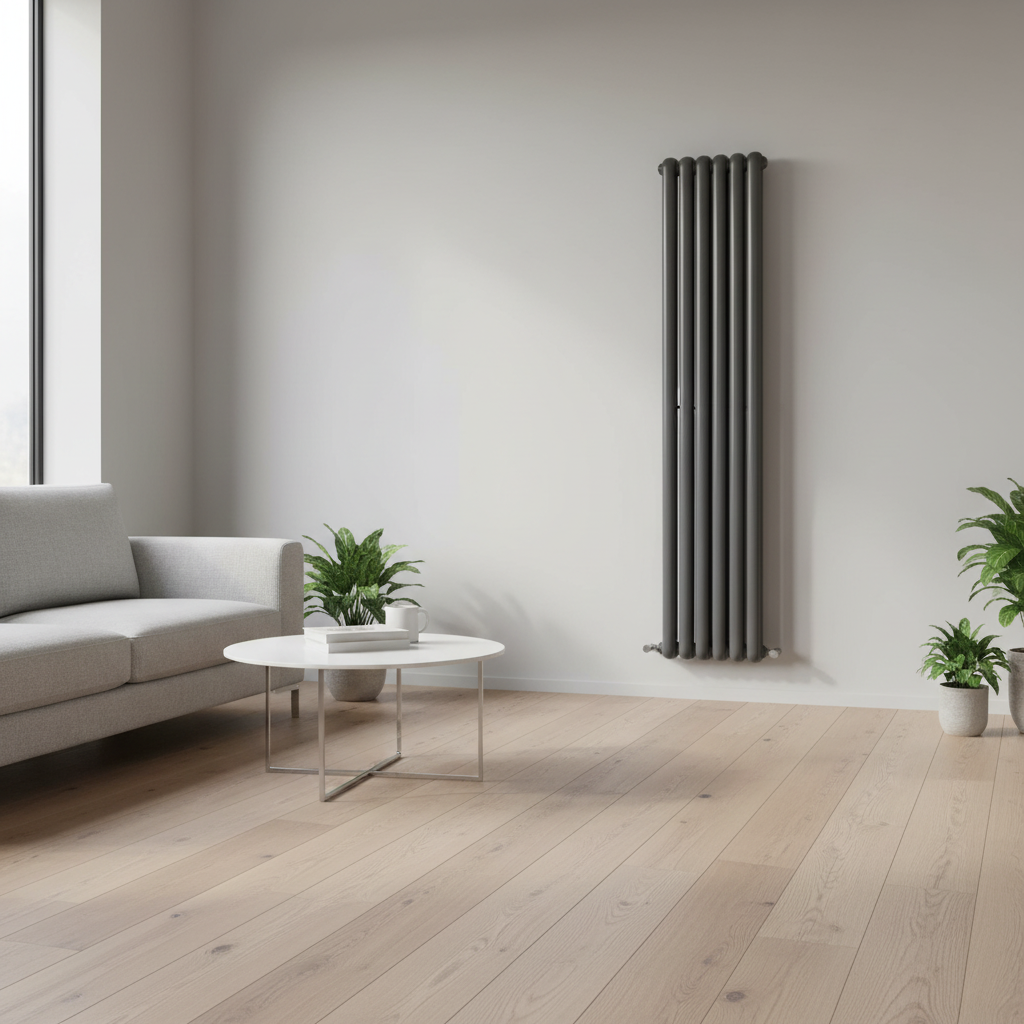 Anthracite vertical double column radiator in modern room setting
