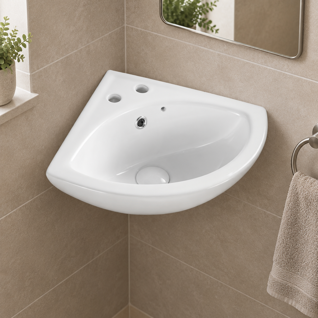 Kartell Proton white ceramic corner basin with two empty tap holes in a compact cloakroom