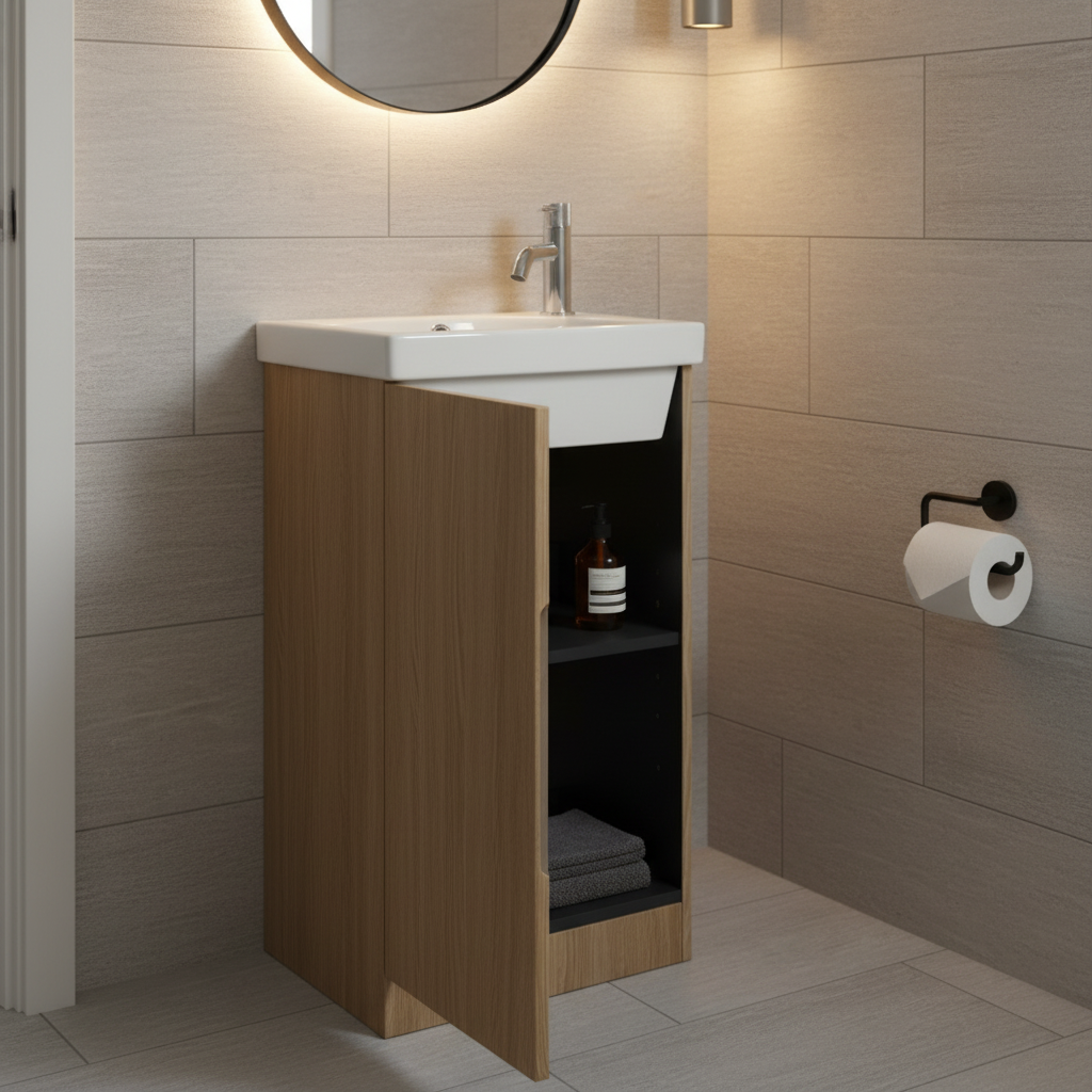 Cloakroom vanity unit with door open showing internal shelving, white ceramic basin and chrome tap in a modern cloakroom setting