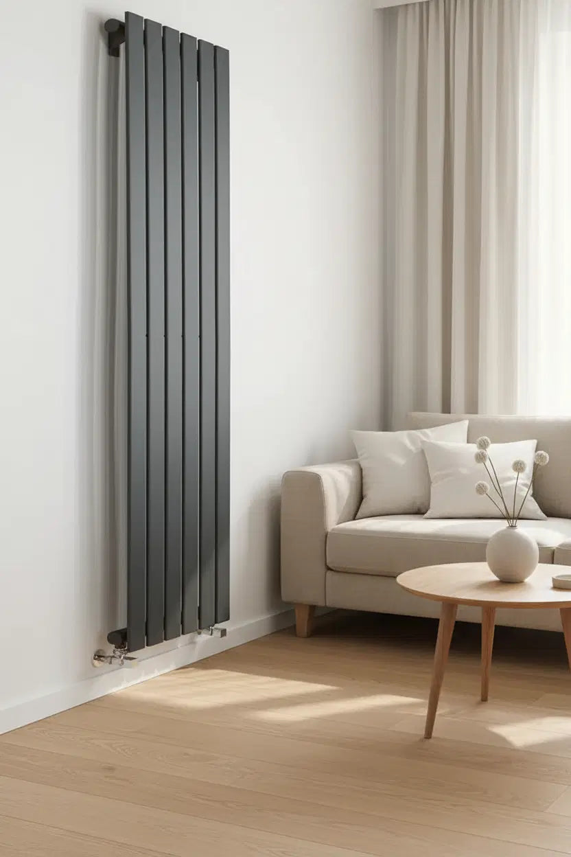 Kartell Boston anthracite vertical slatted designer radiator in a modern Scandinavian living room lifestyle setting
