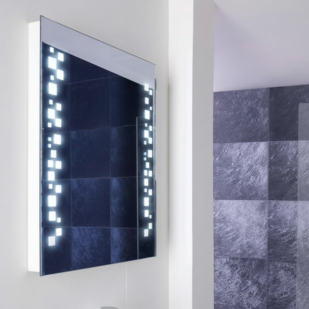 Rectangular LED backlit bathroom mirror with bright side lights mounted on white wall