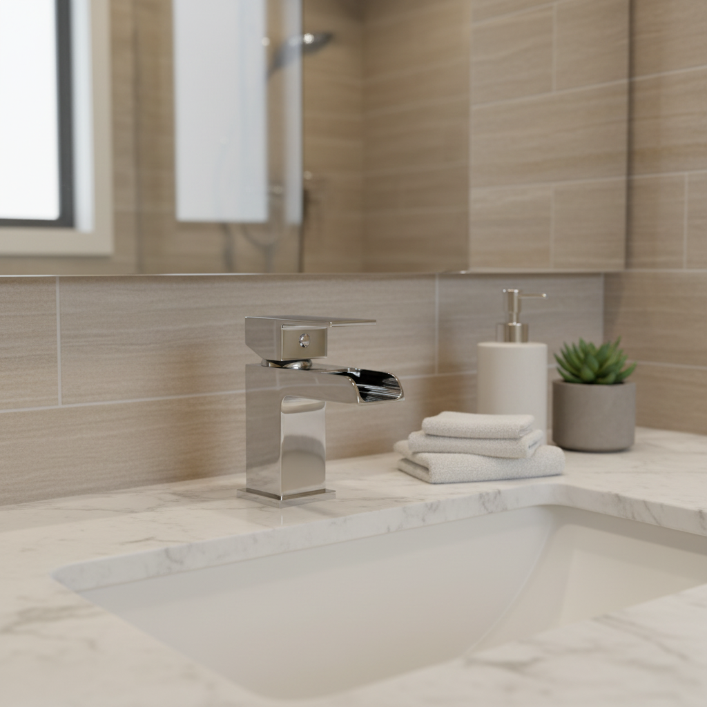 Chrome waterfall basin mixer tap on white marble countertop in photorealistic luxury bathroom lifestyle setting