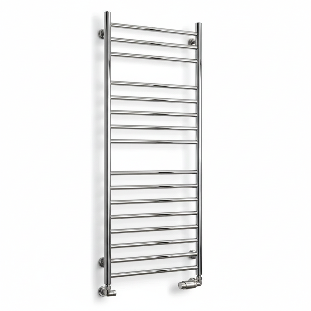 Chrome heated towel rail on white background