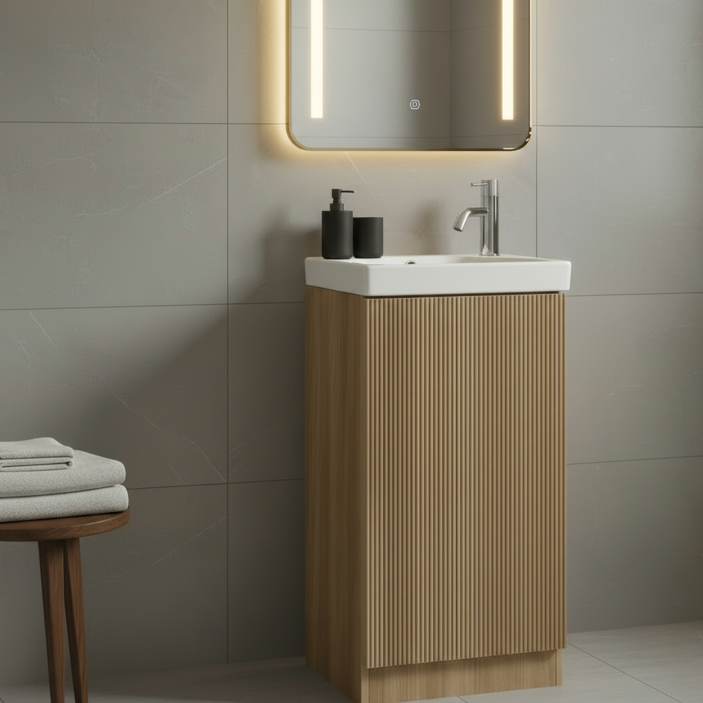 Cloakroom vanity unit with ribbed oak cabinet and white ceramic basin in a compact cloakroom setting