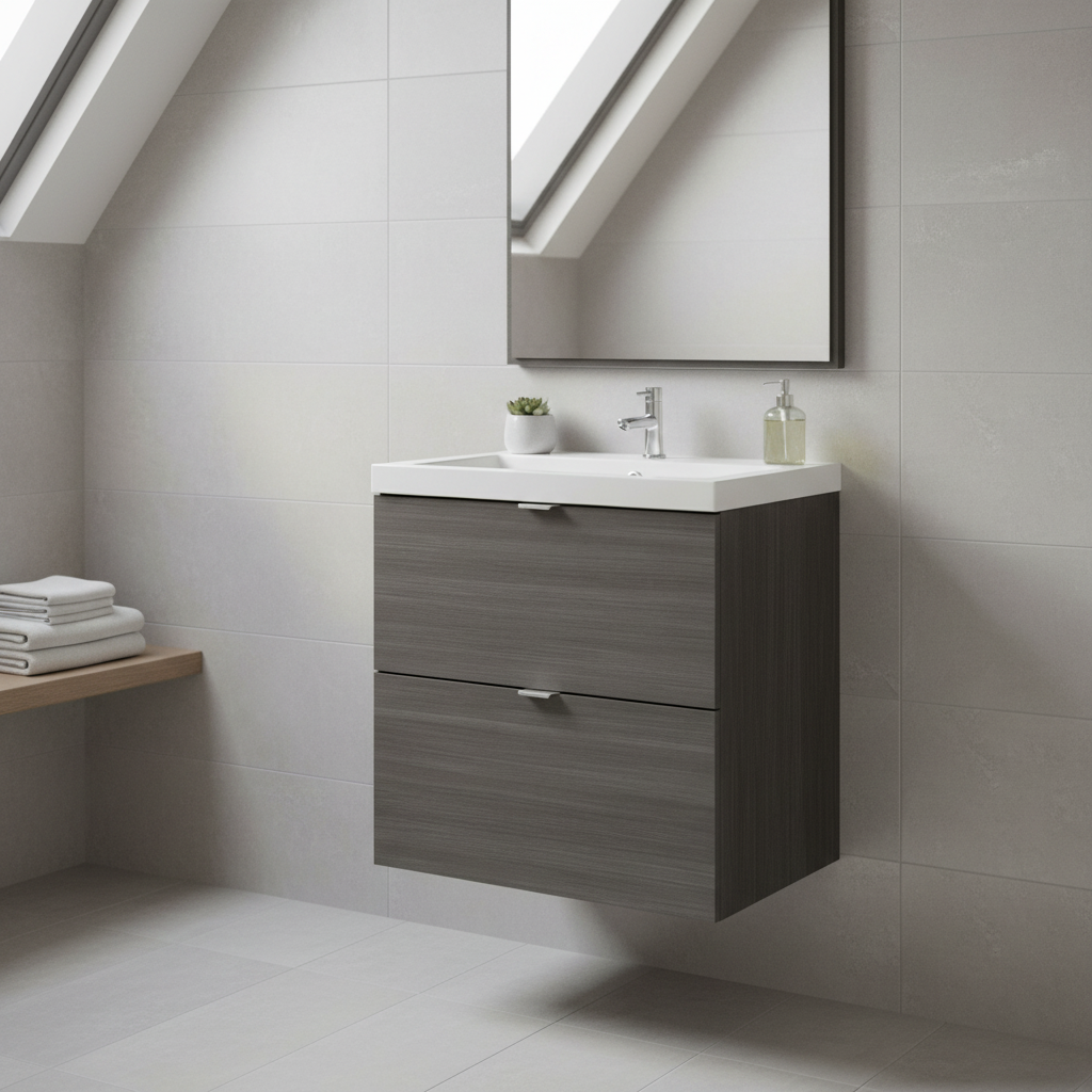 Grey wall hung vanity unit in modern bathroom setting