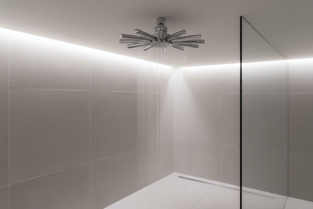 Chrome fan-shaped shower head with radiating arms installed in modern minimalist bathroom