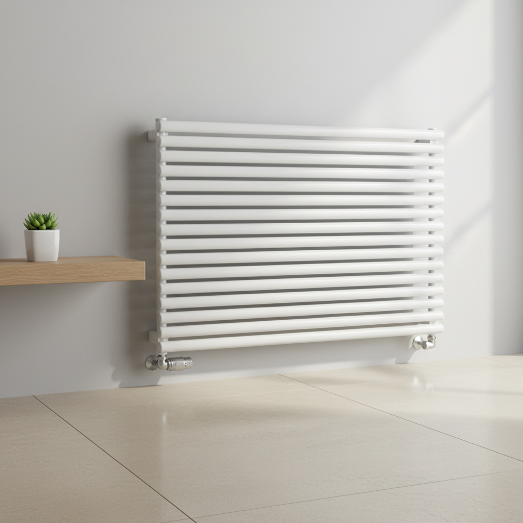 White horizontal designer radiator with chrome valves in room setting