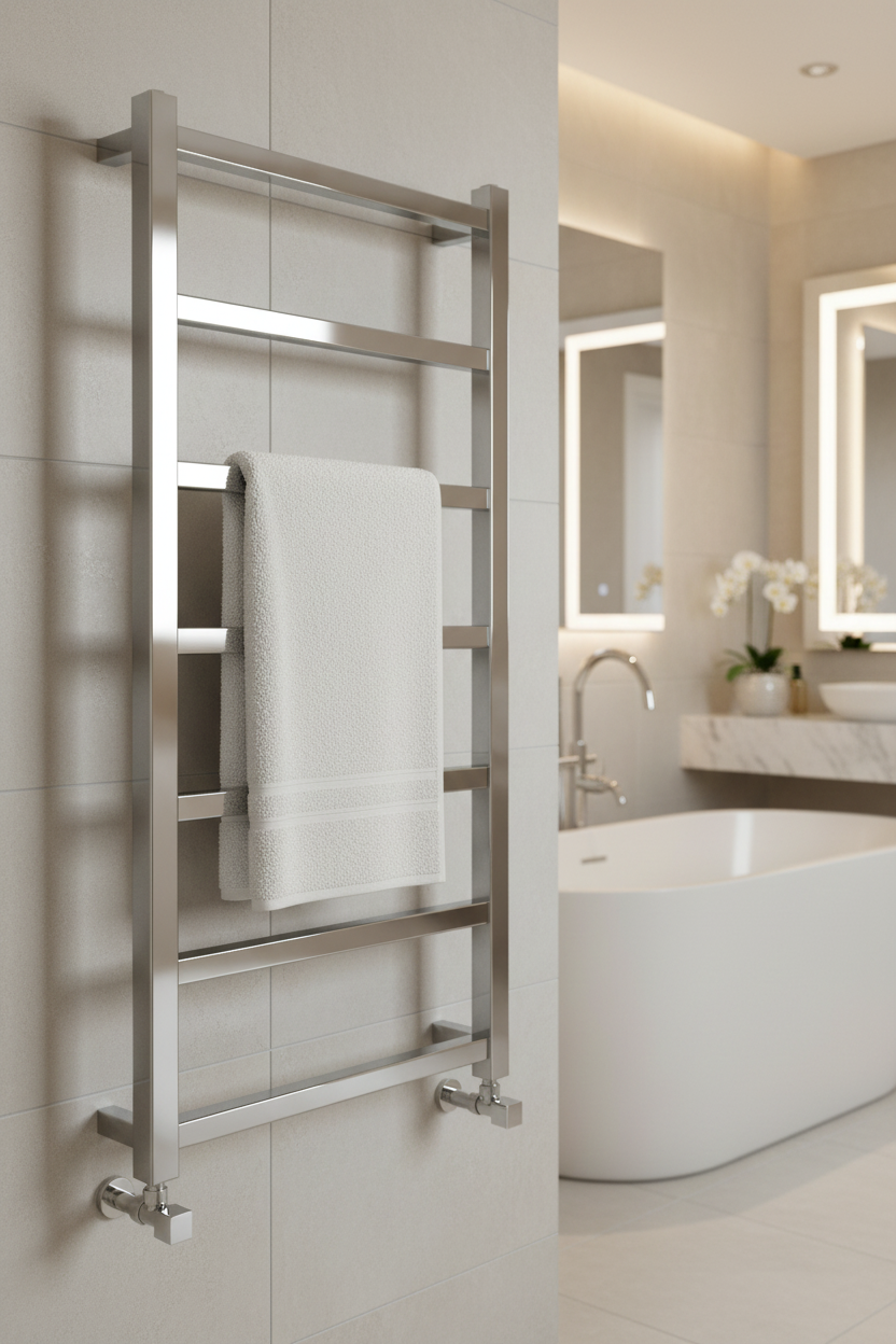 Chrome flat panel heated towel rail in luxury bathroom setting