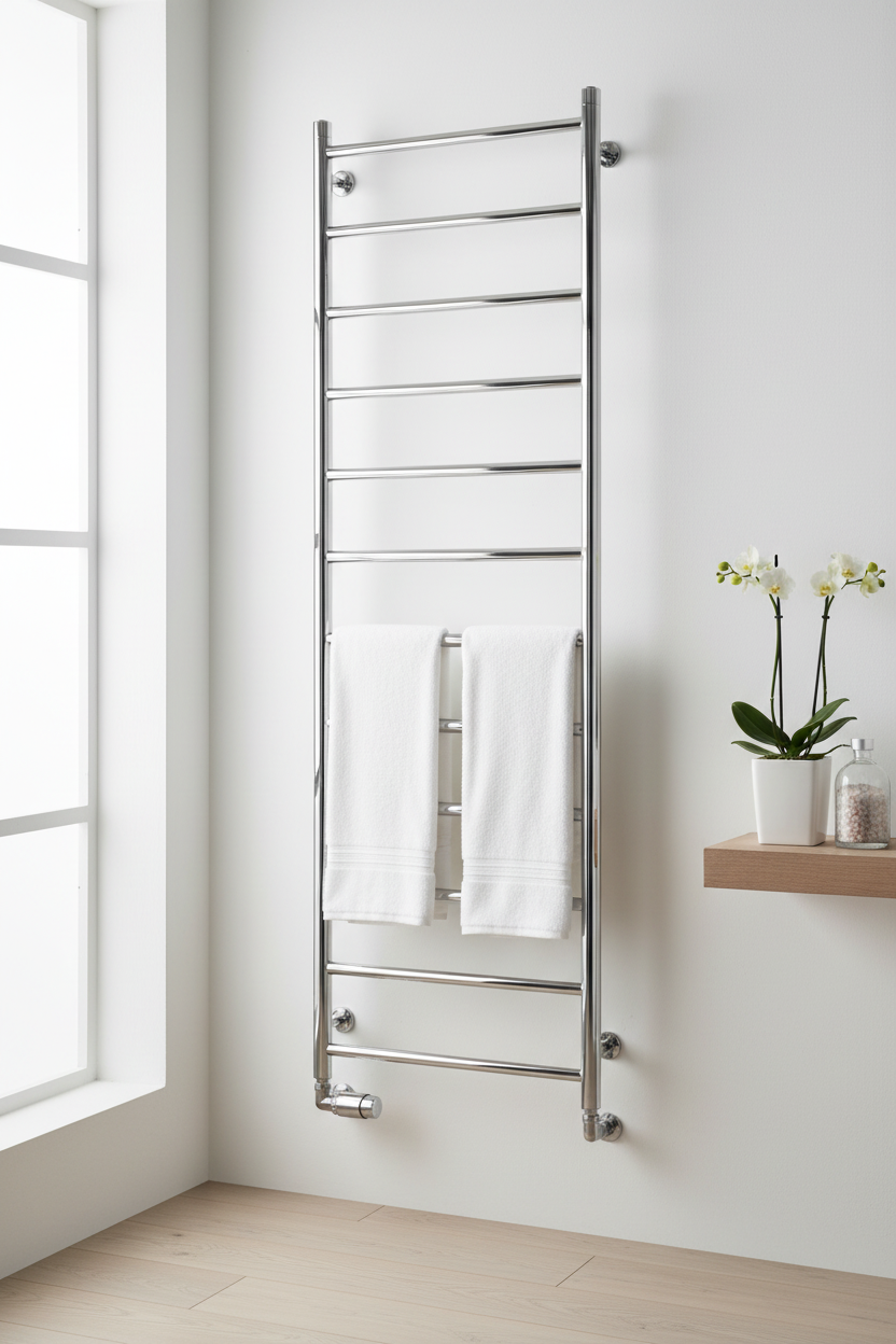 Polished stainless steel ladder towel rail in luxury modern bathroom setting