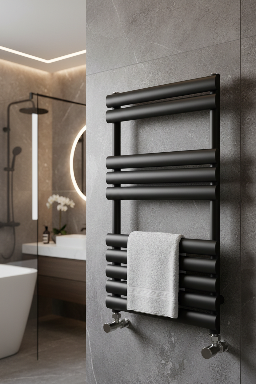 Matte black heated towel rail in luxury bathroom setting