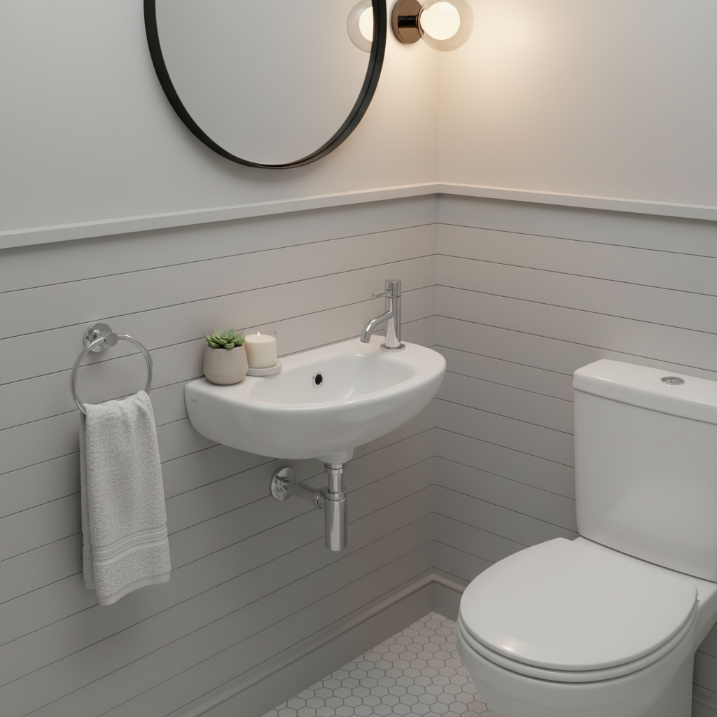 Eastbrook Kompact 419x216mm right hand white cloakroom basin with chrome tap installed in a stylish compact cloakroom