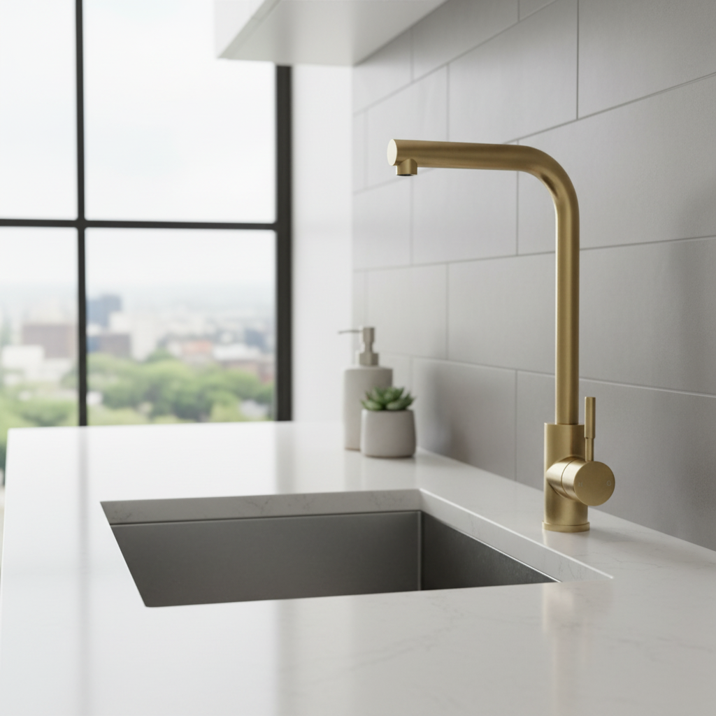 Brushed brass kitchen tap in modern kitchen setting