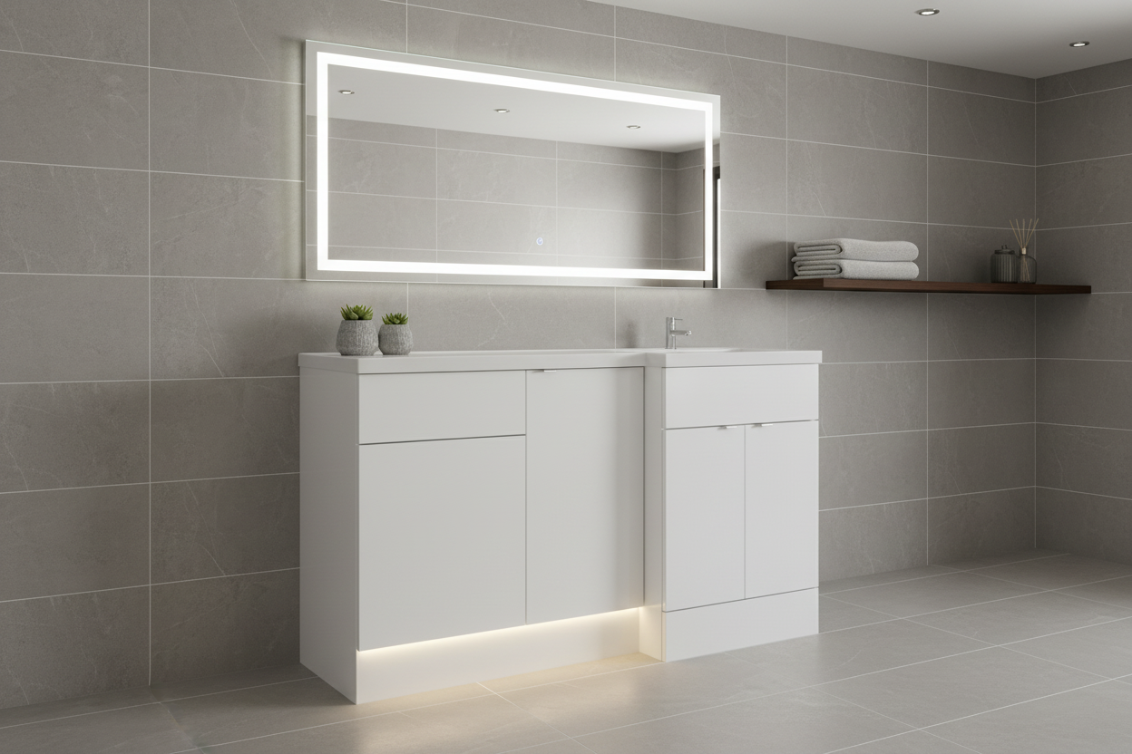 White vanity unit with basin in modern bathroom setting