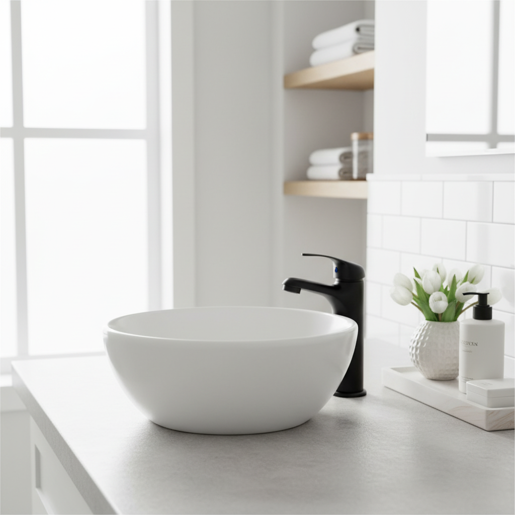 Matte black mono basin mixer tap on light quartz countertop in bright Scandinavian luxury bathroom lifestyle setting