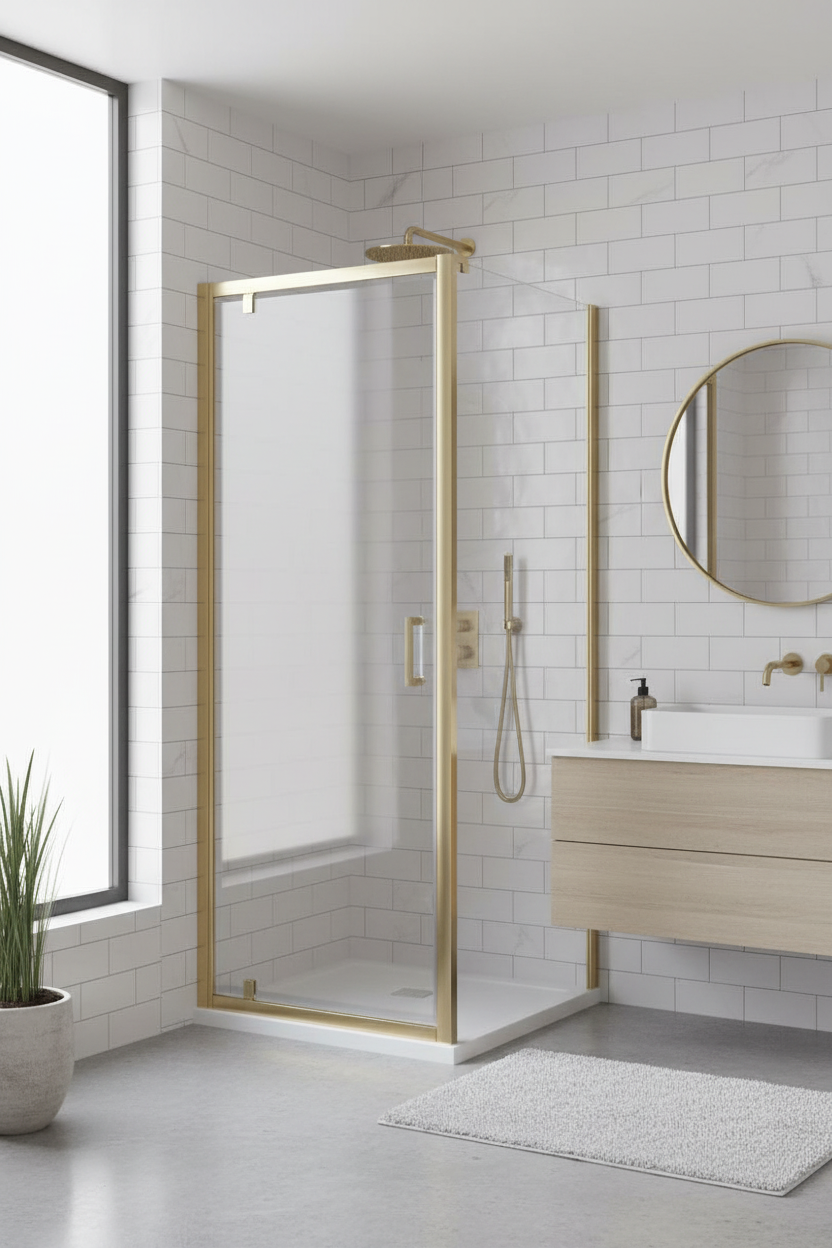 Brushed brass pivot shower door in modern bathroom setting