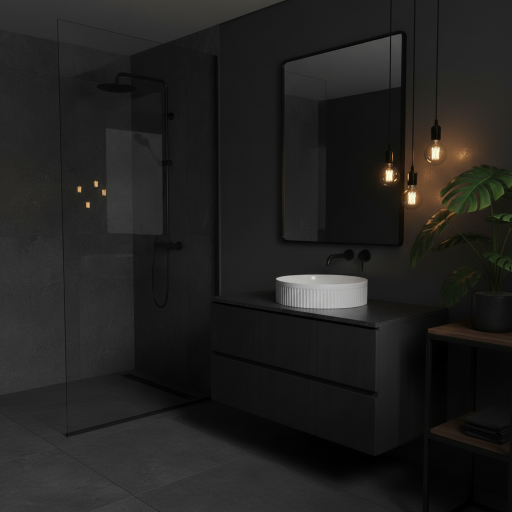 Eastbrook Knole 400x400mm round ribbed white ceramic sit on basin in a moody dark boutique bathroom interior