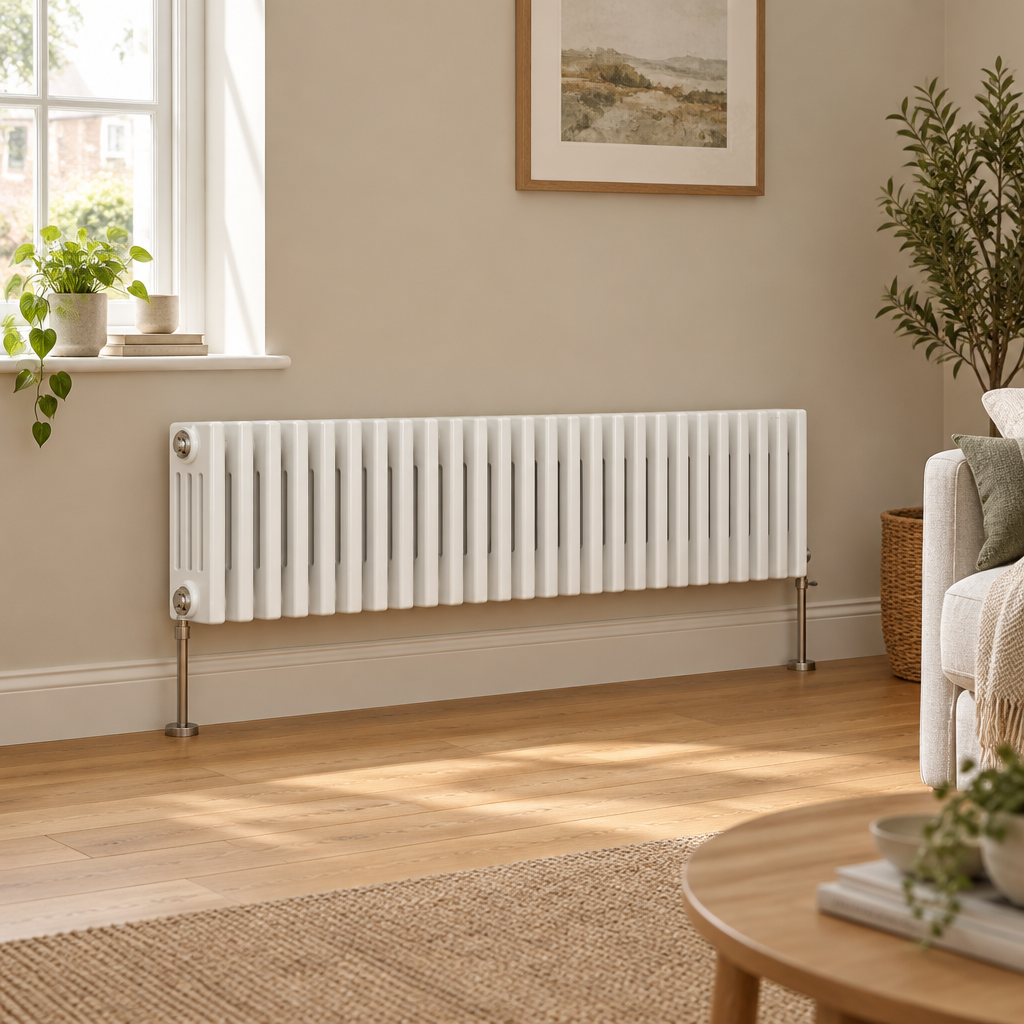 White horizontal column radiator mounted on a wall in a warm contemporary living room