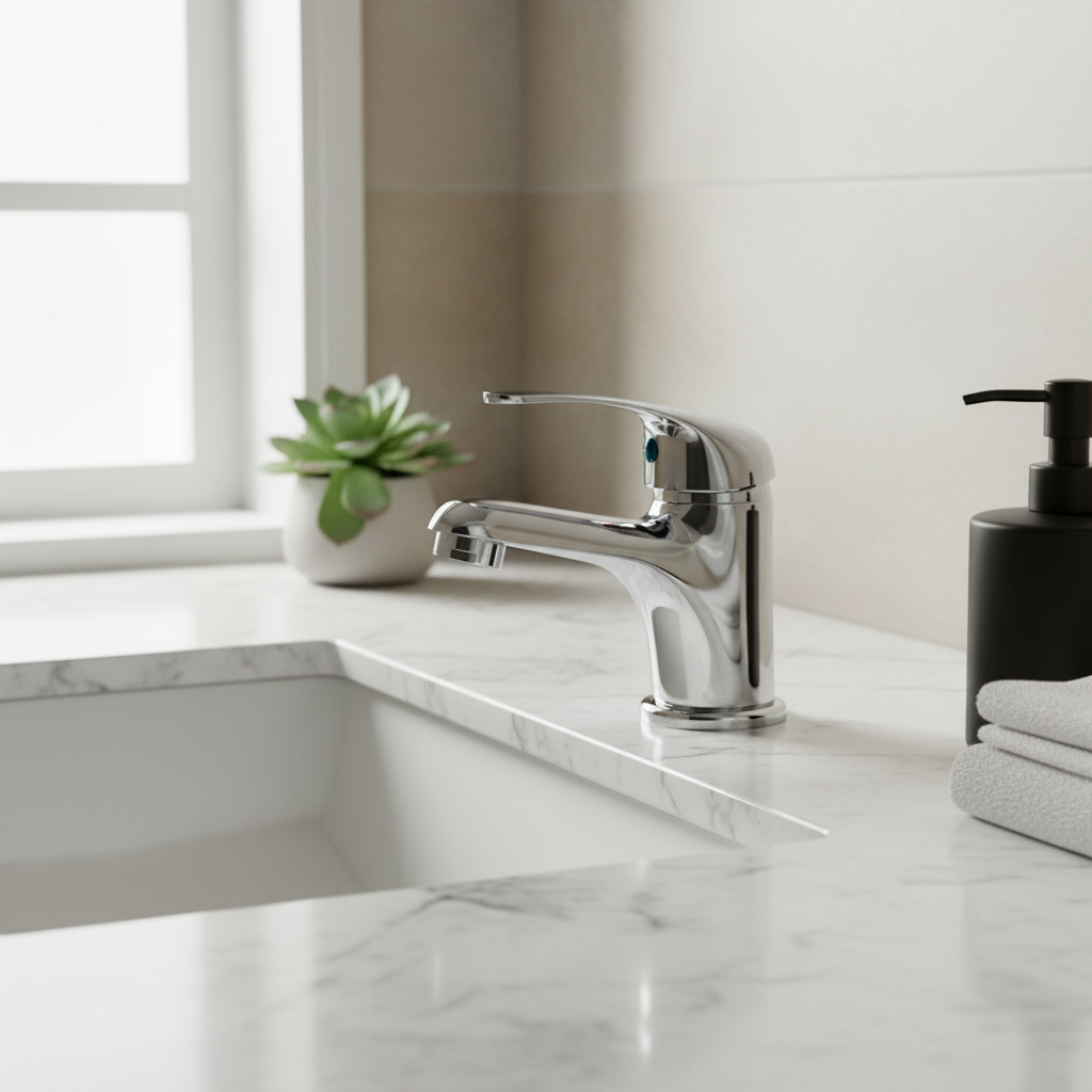 Polished chrome mono basin mixer tap on white marble countertop in bright luxury bathroom lifestyle setting