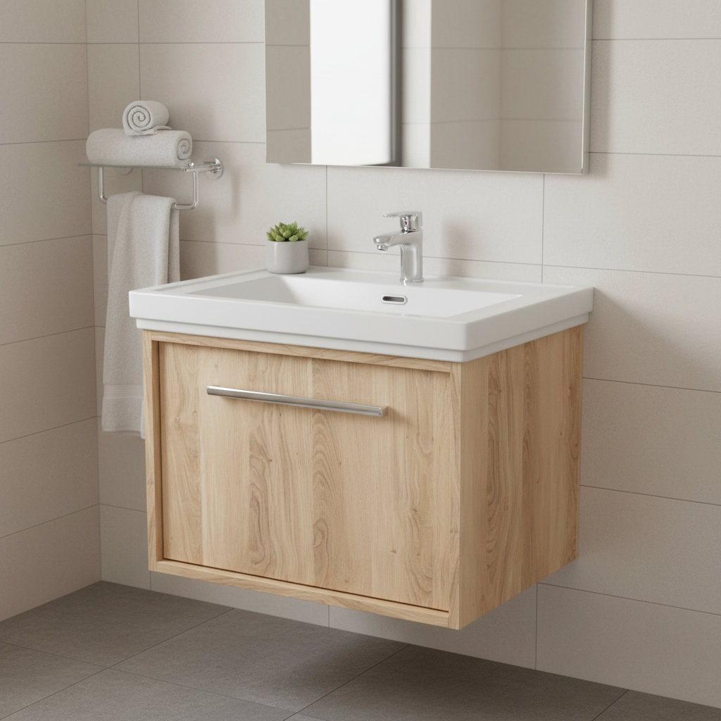 Bathroom vanity unit in modern bathroom setting with chrome tap