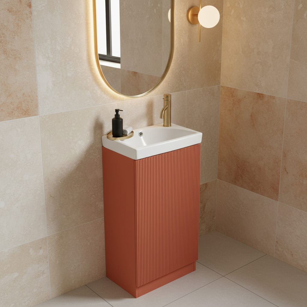 Terracotta fluted cloakroom vanity unit angled view with white ceramic basin and brushed gold tap in a modern cloakroom setting