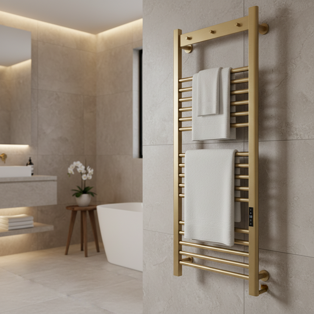 Brushed Brass Heated Towel Rail in Luxury Bathroom Setting