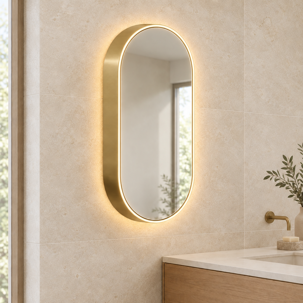Iona Evie brushed brass oval LED mirror cabinet illuminated on a bathroom wall