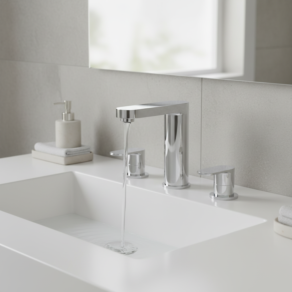 Chrome basin taps installed in bathroom setting