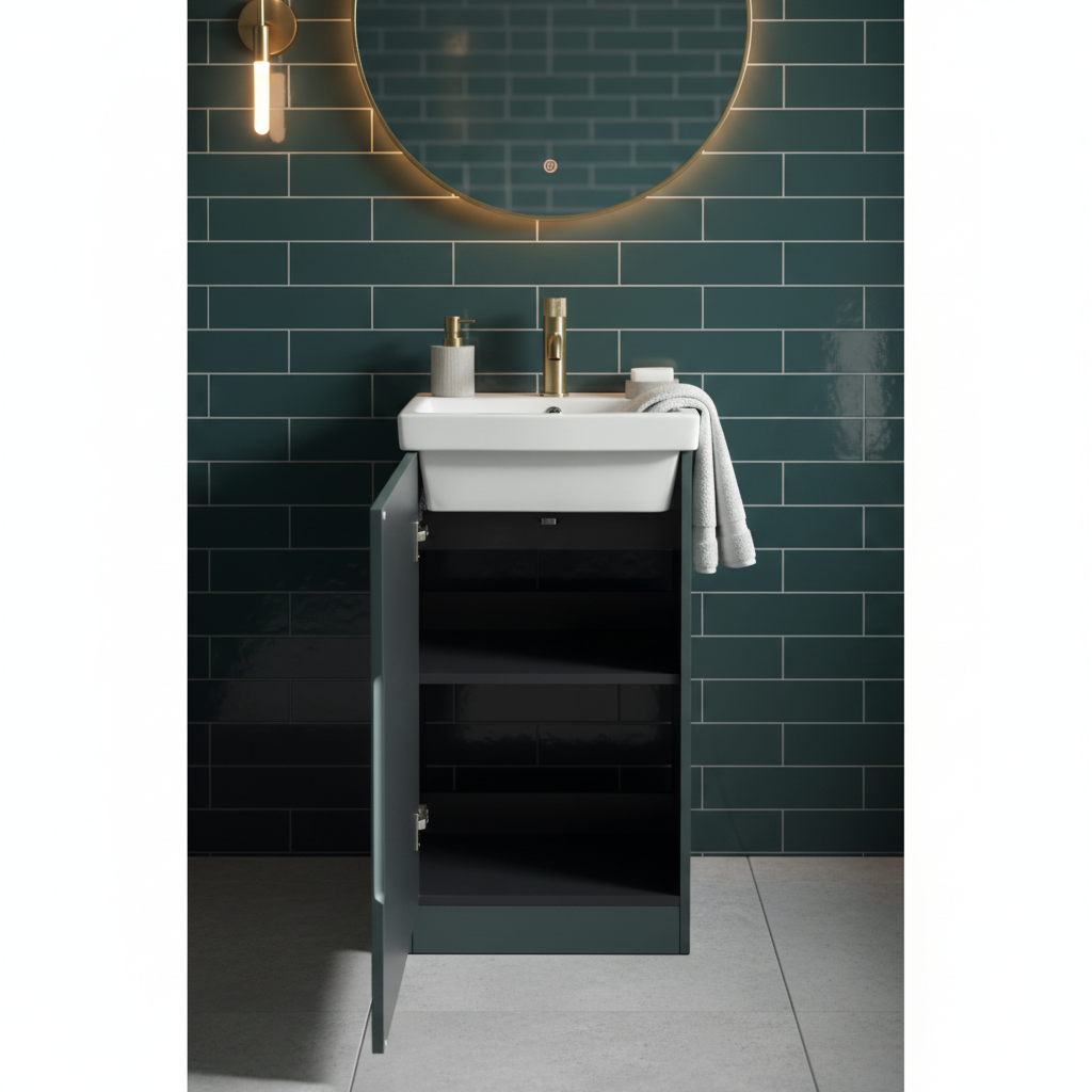 Deep teal fluted cloakroom vanity unit with door open showing internal shelving, white ceramic basin and brushed gold tap in a modern cloakroom setting