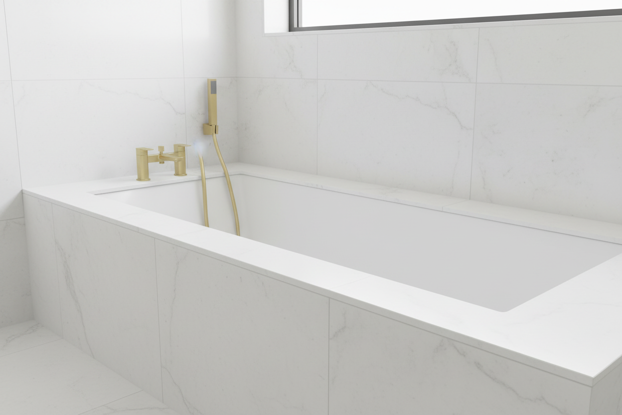 Brushed gold bath mixer tap and shower handset mounted at the end of a square built-in bath in a luxury bathroom setting