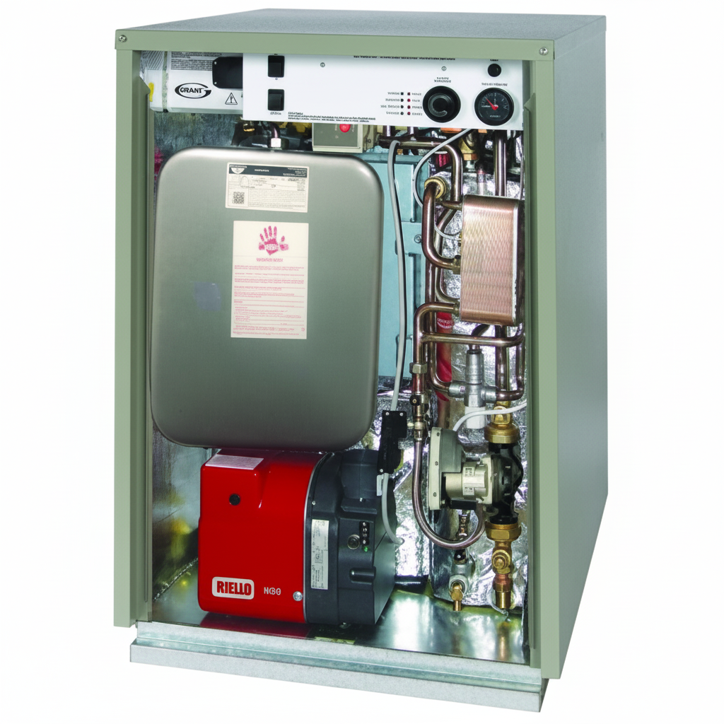 Grant Vortex Pro oil boiler with front panel open showing internal components including Riello burner and stainless steel heat exchanger
